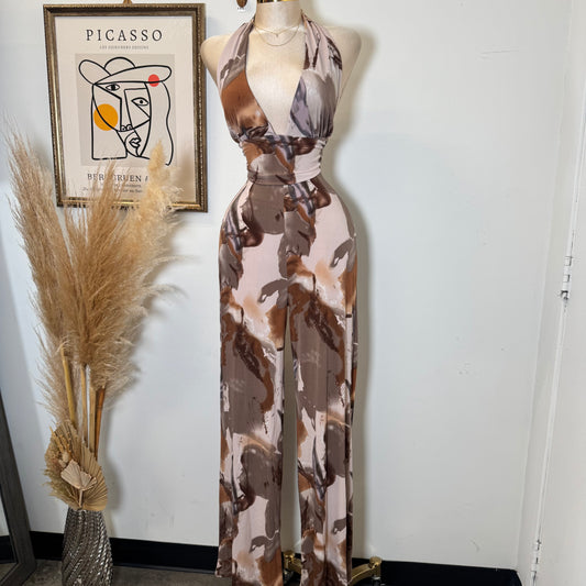 Halter Jumpsuit-Multi Brown
