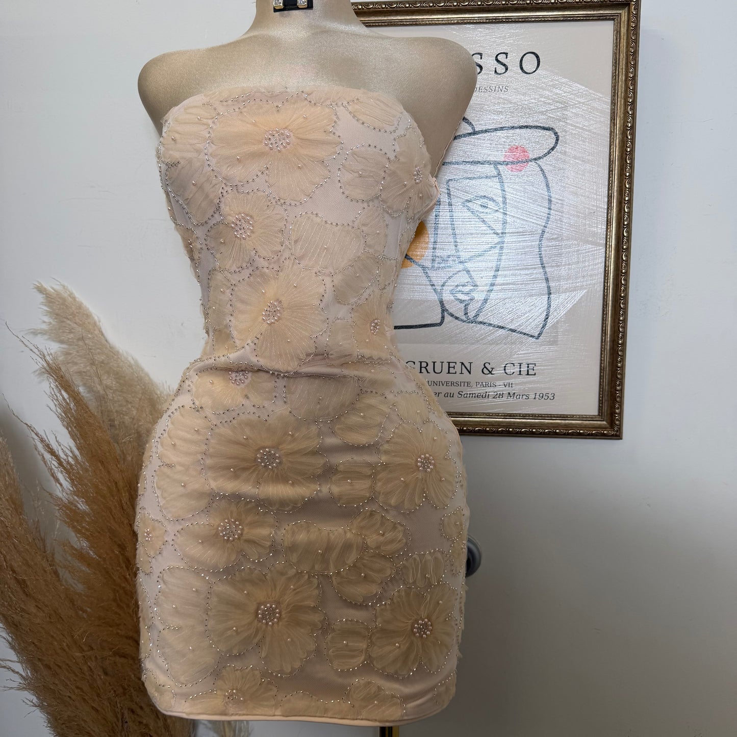 Flower Textured Mesh Tube Mini Dress-Blush
