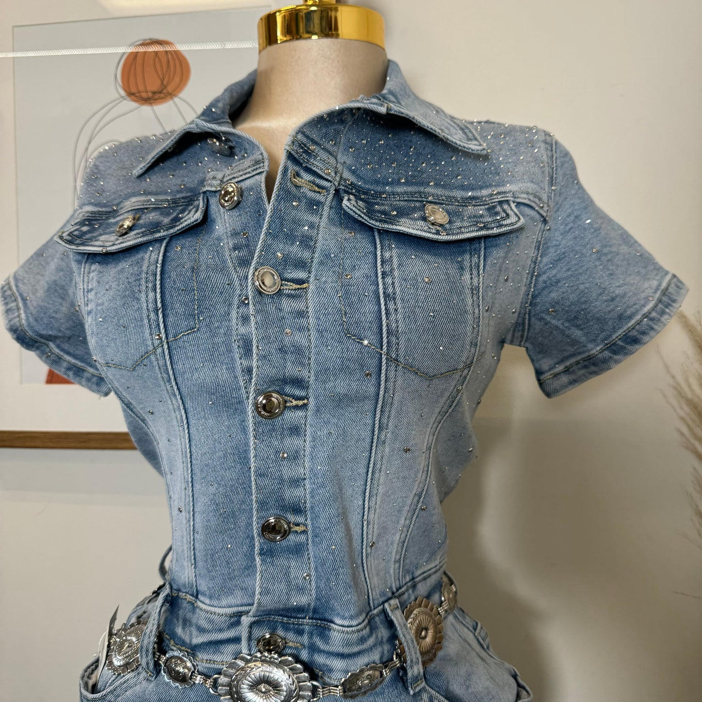 Rhinestone Denim Dress-Blue