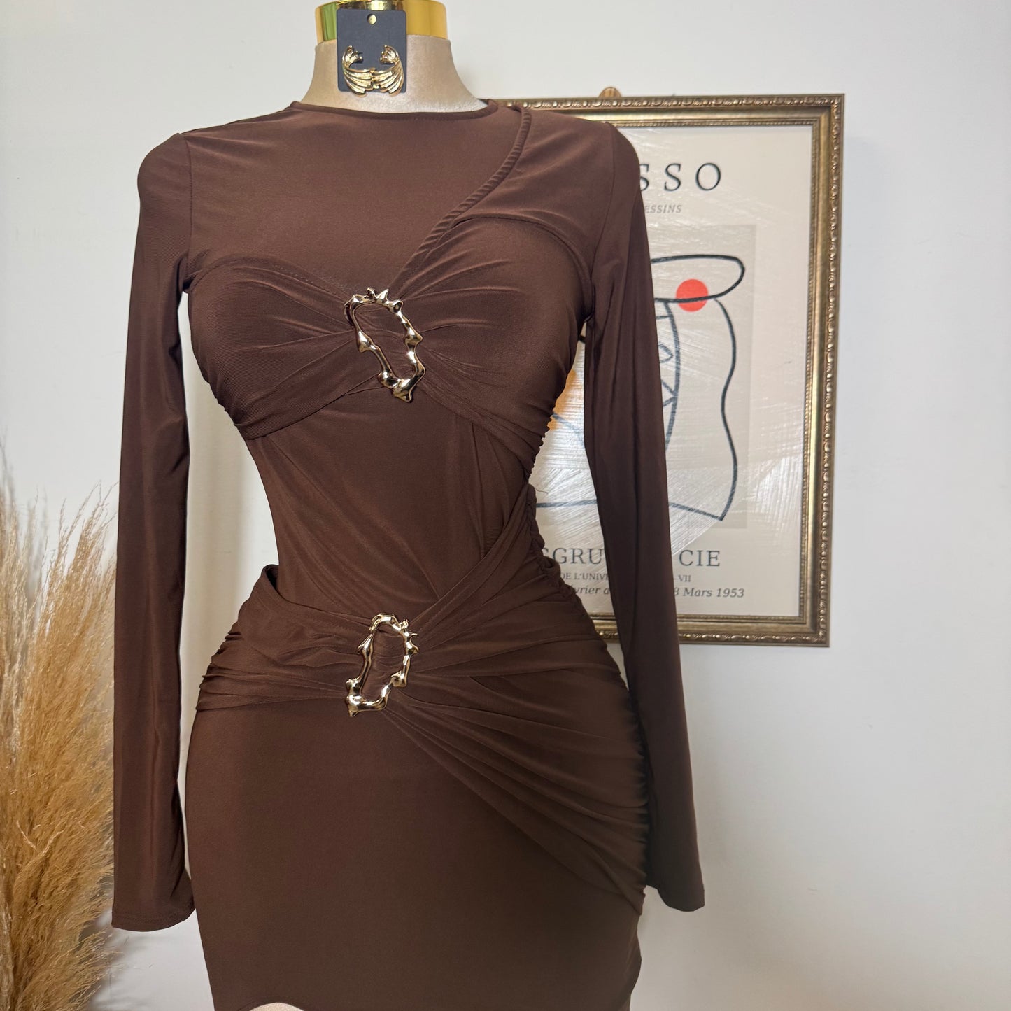 Wrap with Gold Trim Style Midi Dress-Brown