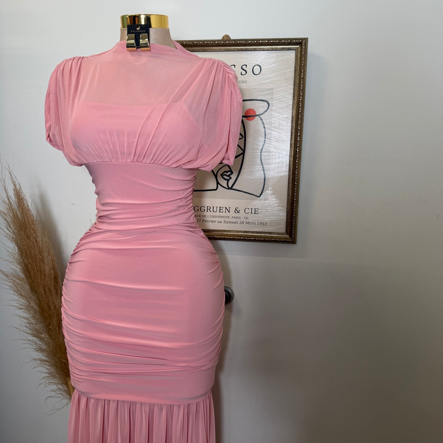 Mesh & Knit Mix Long Dress-Pink