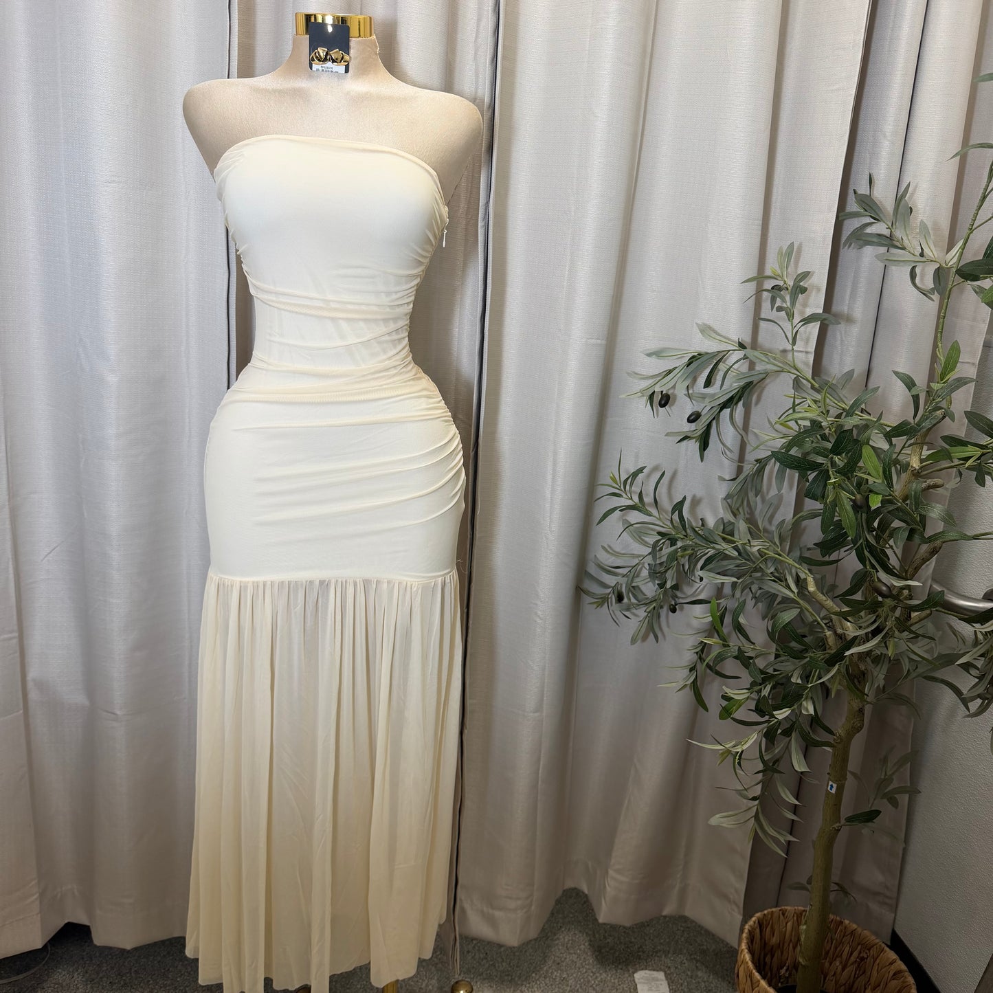 STRAPLESS RUCHED BODICE DROP WAIST MAXI DRESS-Cream