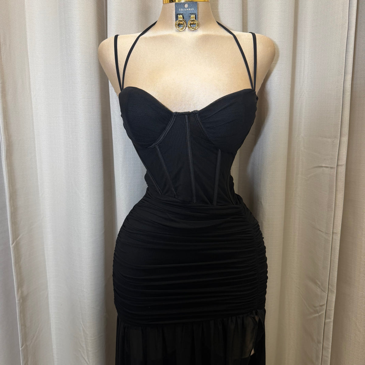 Corset Double Strap Ruched Slit Maxi Dress-Black