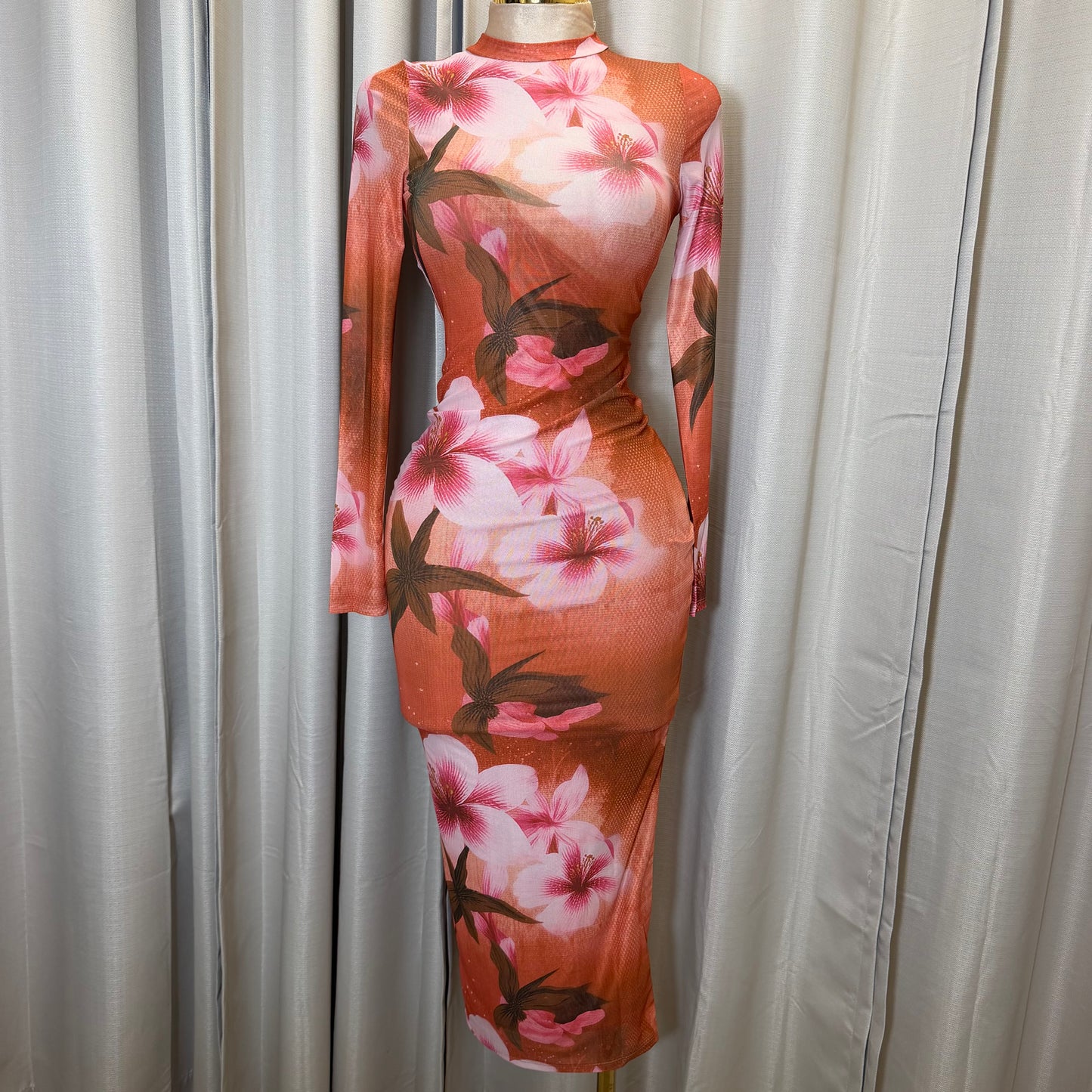 Rose Midi Mesh dress-Orange/ Pink combo