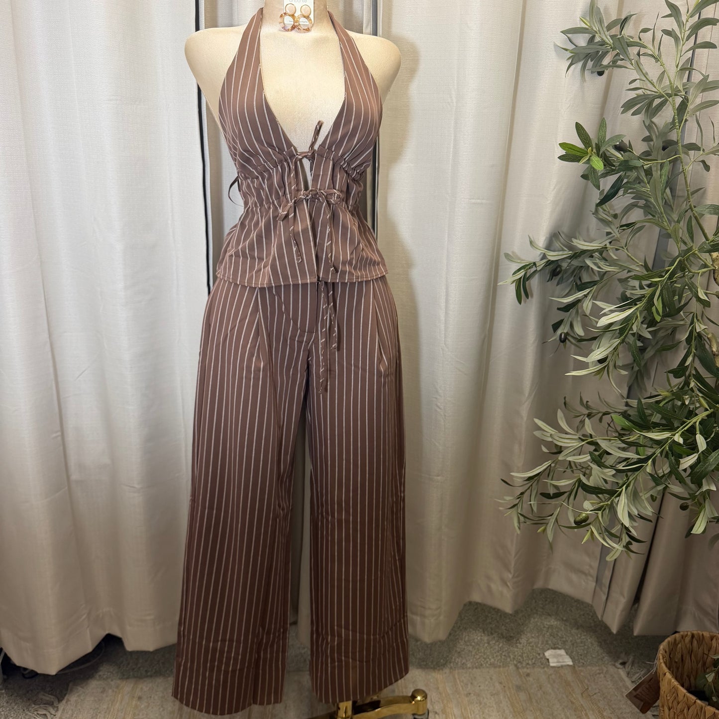 Stripe spaghetti Tie open back Halter Top and pant set