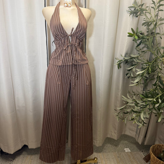 Stripe spaghetti Tie open back Halter Top and pant set