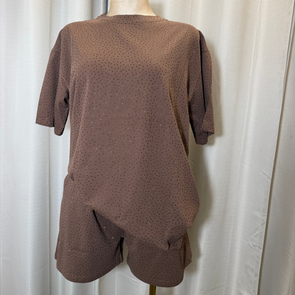 Rhinestone-embellished cotton Casual Tee and Short Tee-Chocolate