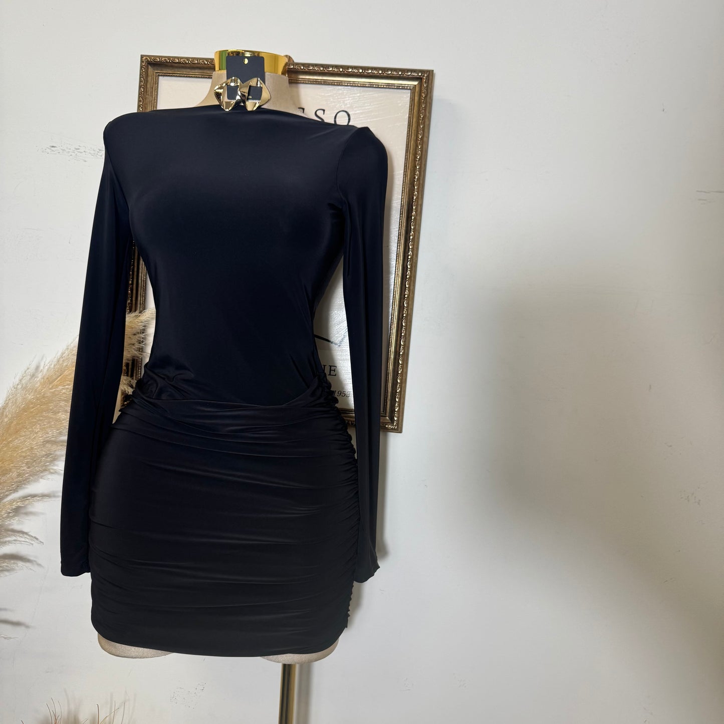 Long Sleeve Ruched Mini Dress-Black