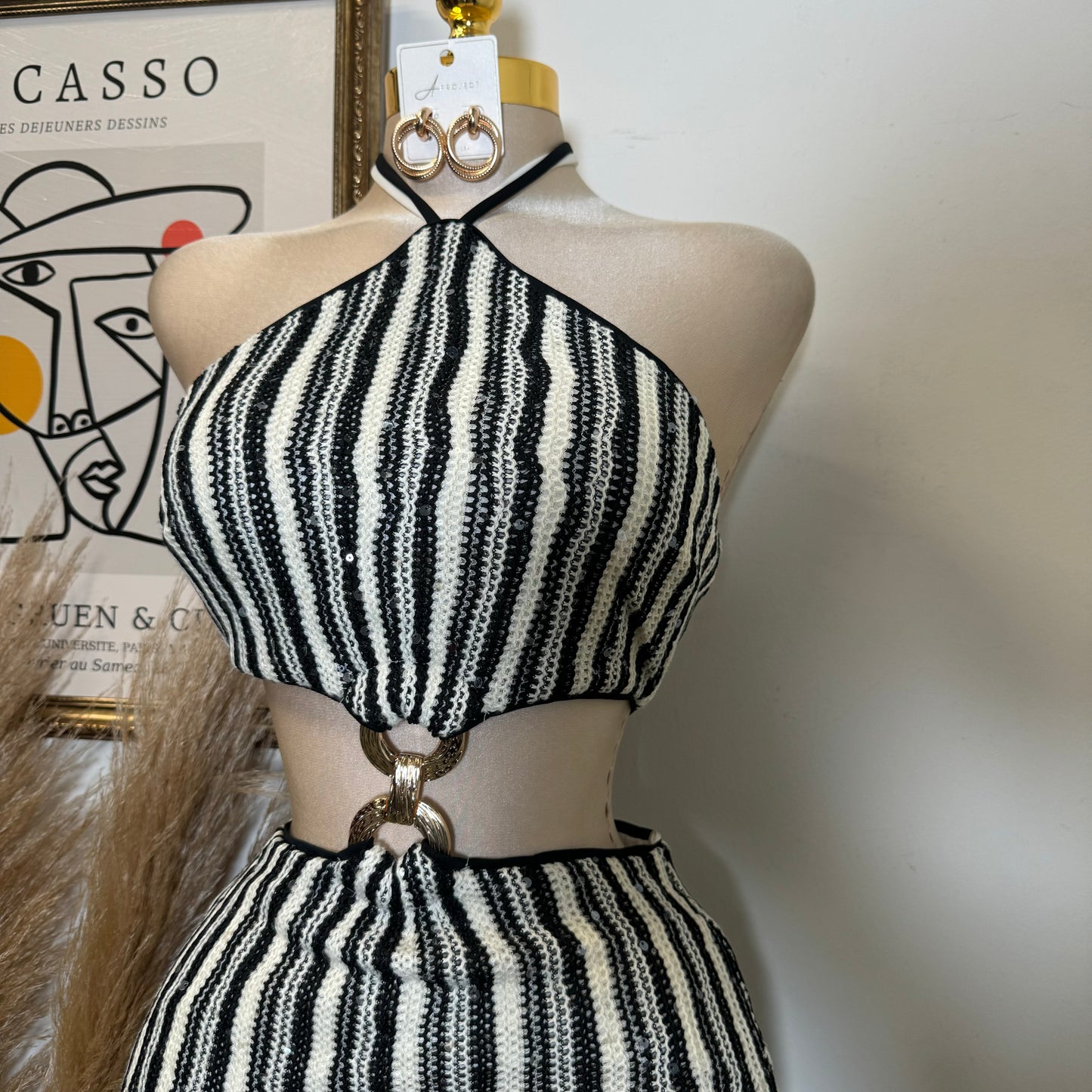 Solid Cut & Sew Knit Cut Out Waist Tie Neck Midi Dress-Black/Oat