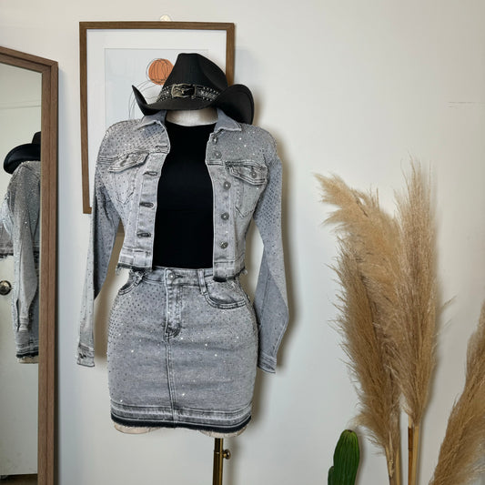 All Rhinestone Denim Jacket  -Gray