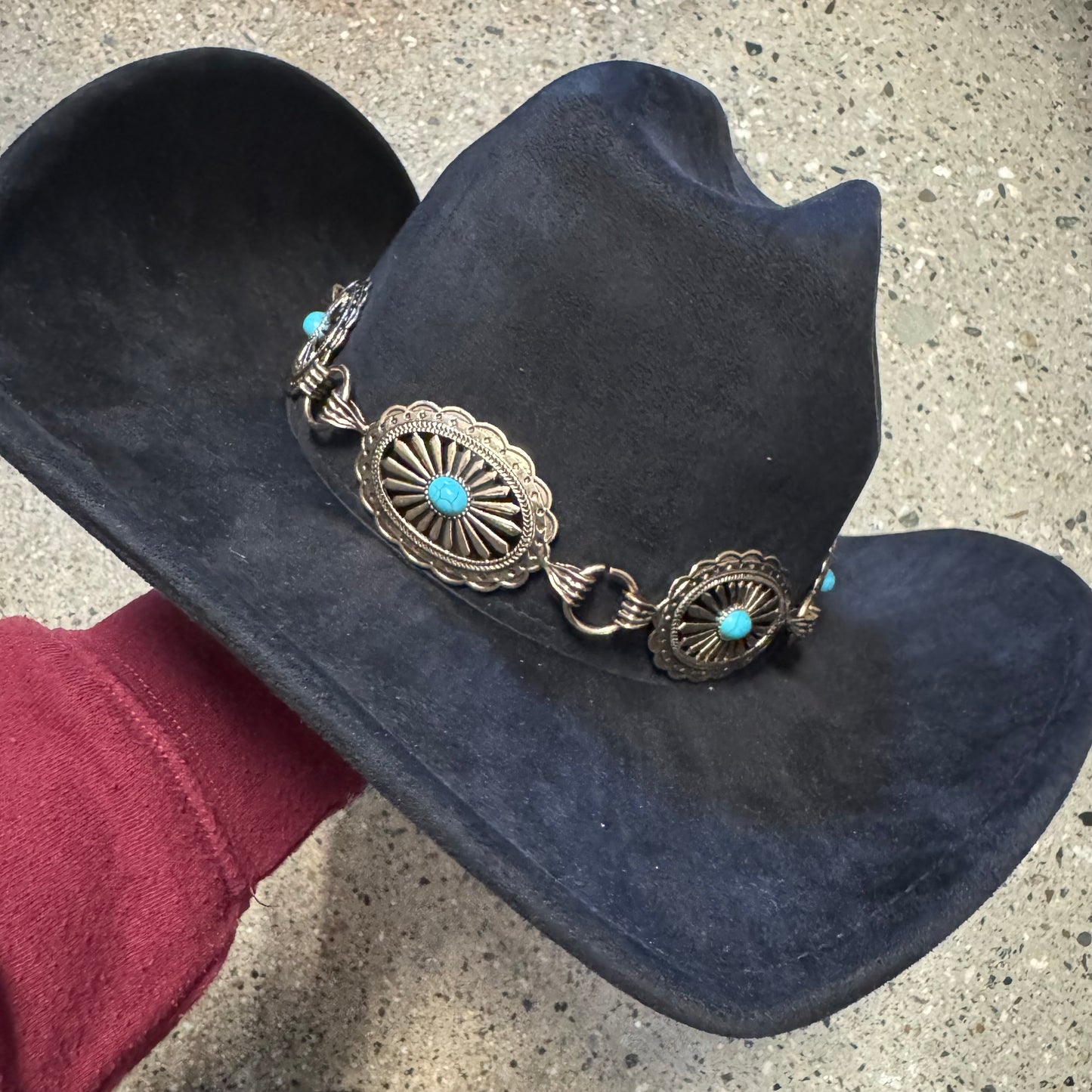 Black suede Hat With Gold chain and Turquoise detail -Gold/Black