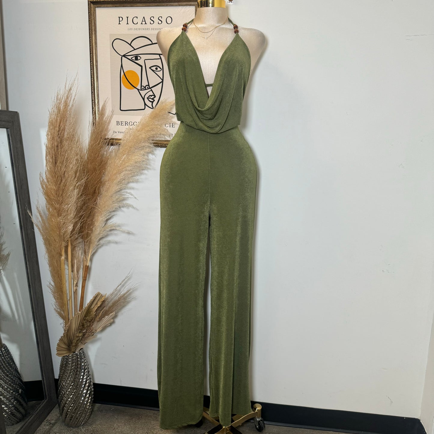 Bead Cowl Neck Halter Jumpsuit-Green