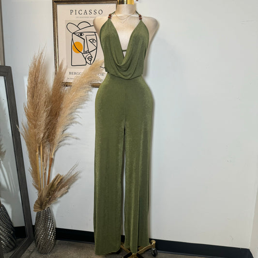 Bead Cowl Neck Halter Jumpsuit-Green
