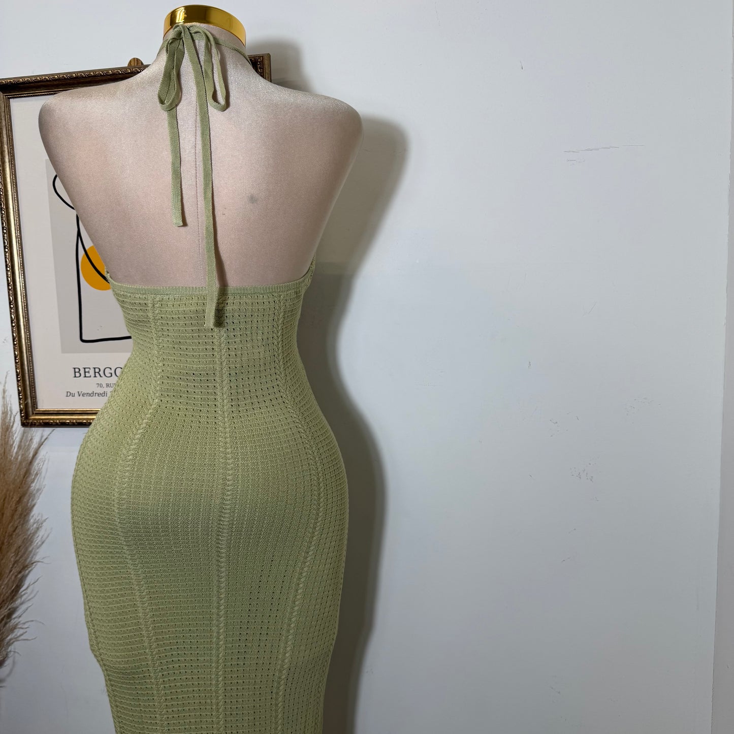 Textured Fabric Stone Trim Halter Midi Dress-Sage