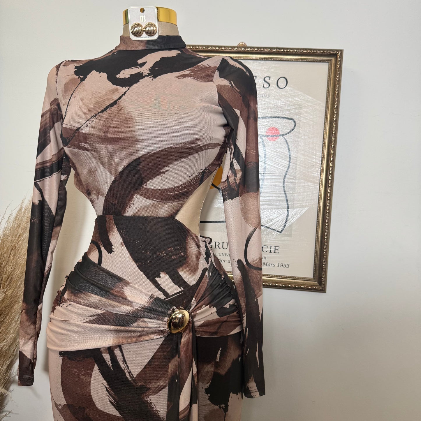 Multi Colored Front Sash Mock Neck Midi Dress-Brown