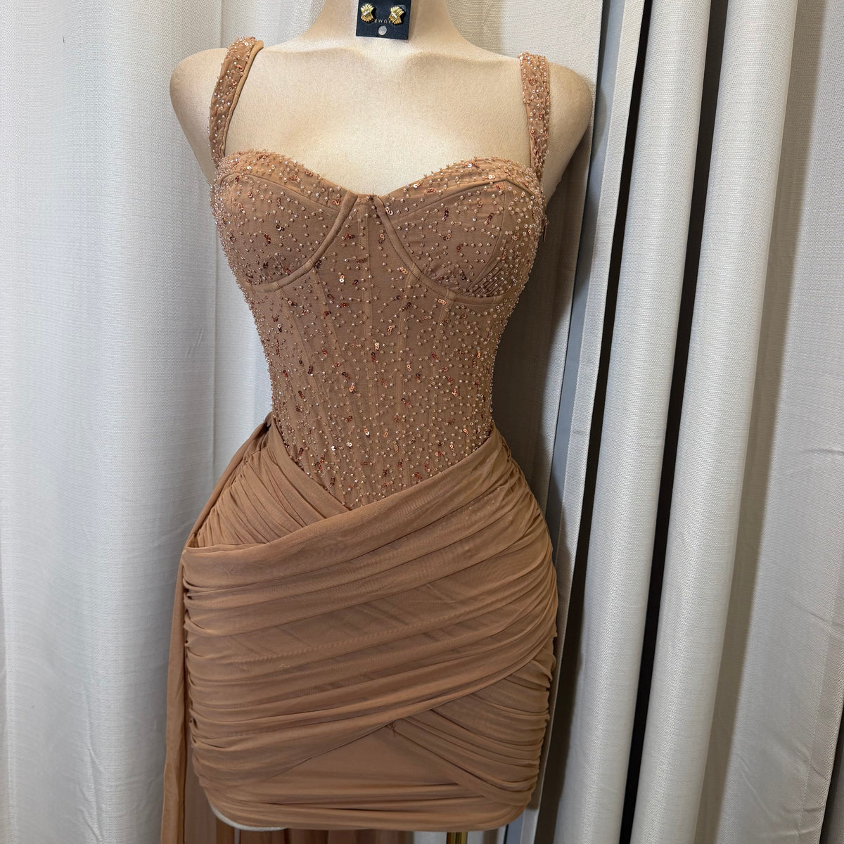 Mesh with beads Sequin Sweetheart neckline Corset dress-Mocha/Beige