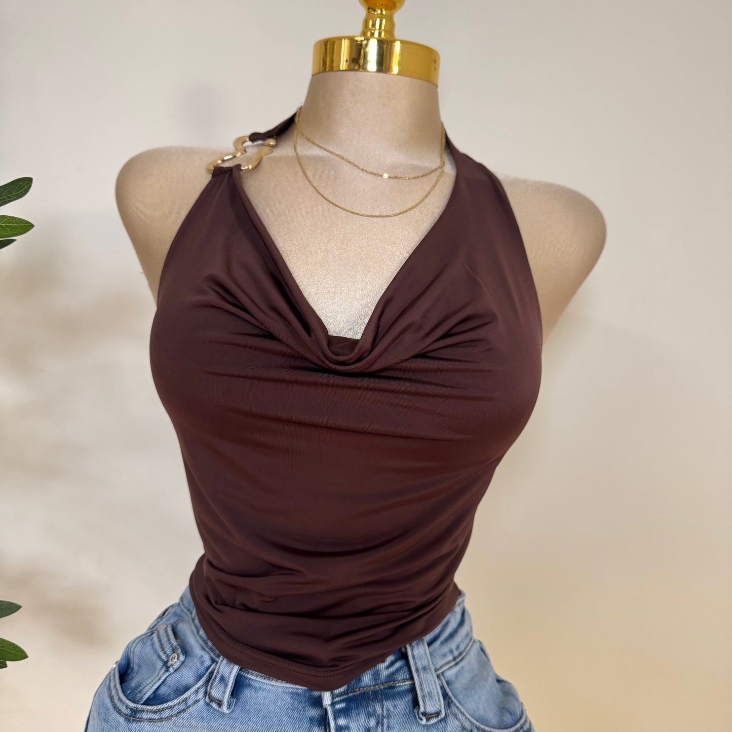 Halter Cowl Top Plus Size -Brown