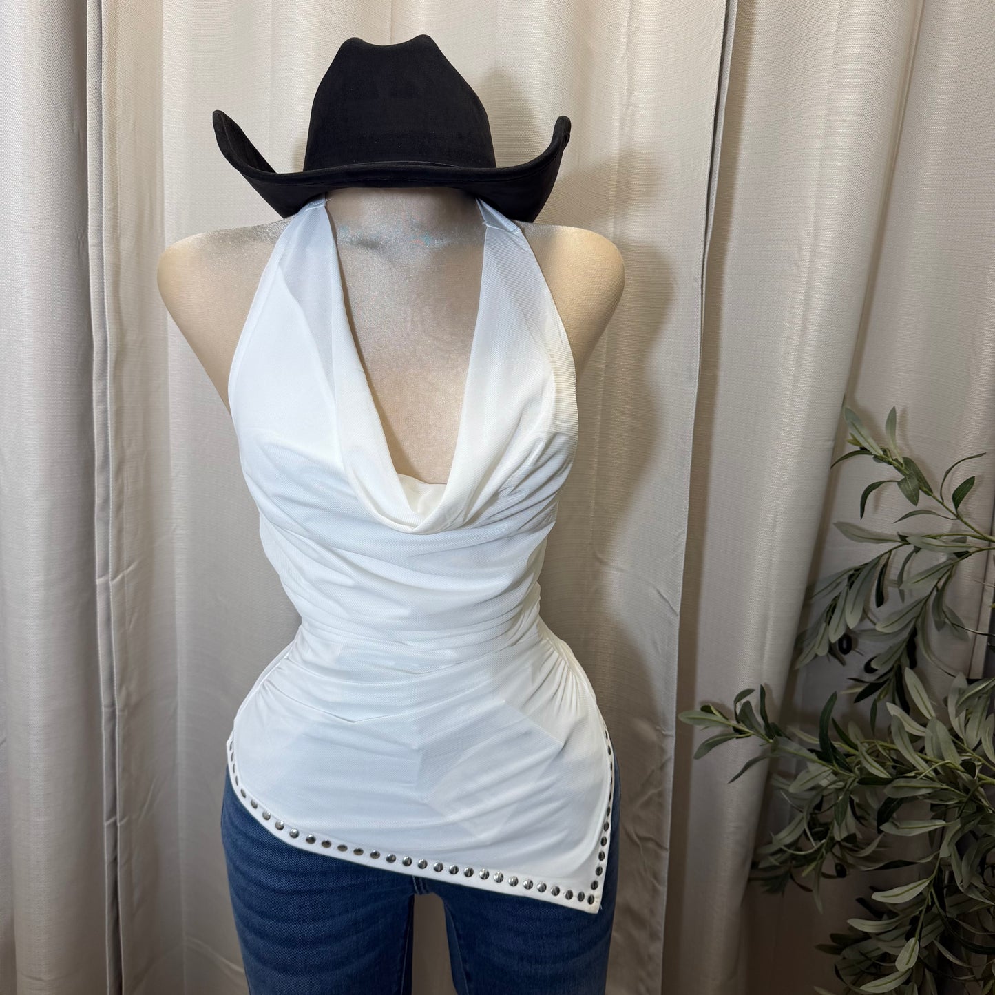 Cowl Neck Halter Ruched Top-ivory