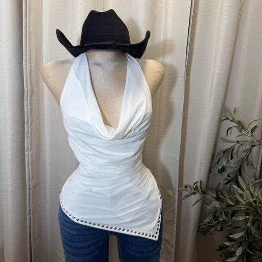 Cowl Neck Halter Ruched Top-ivory