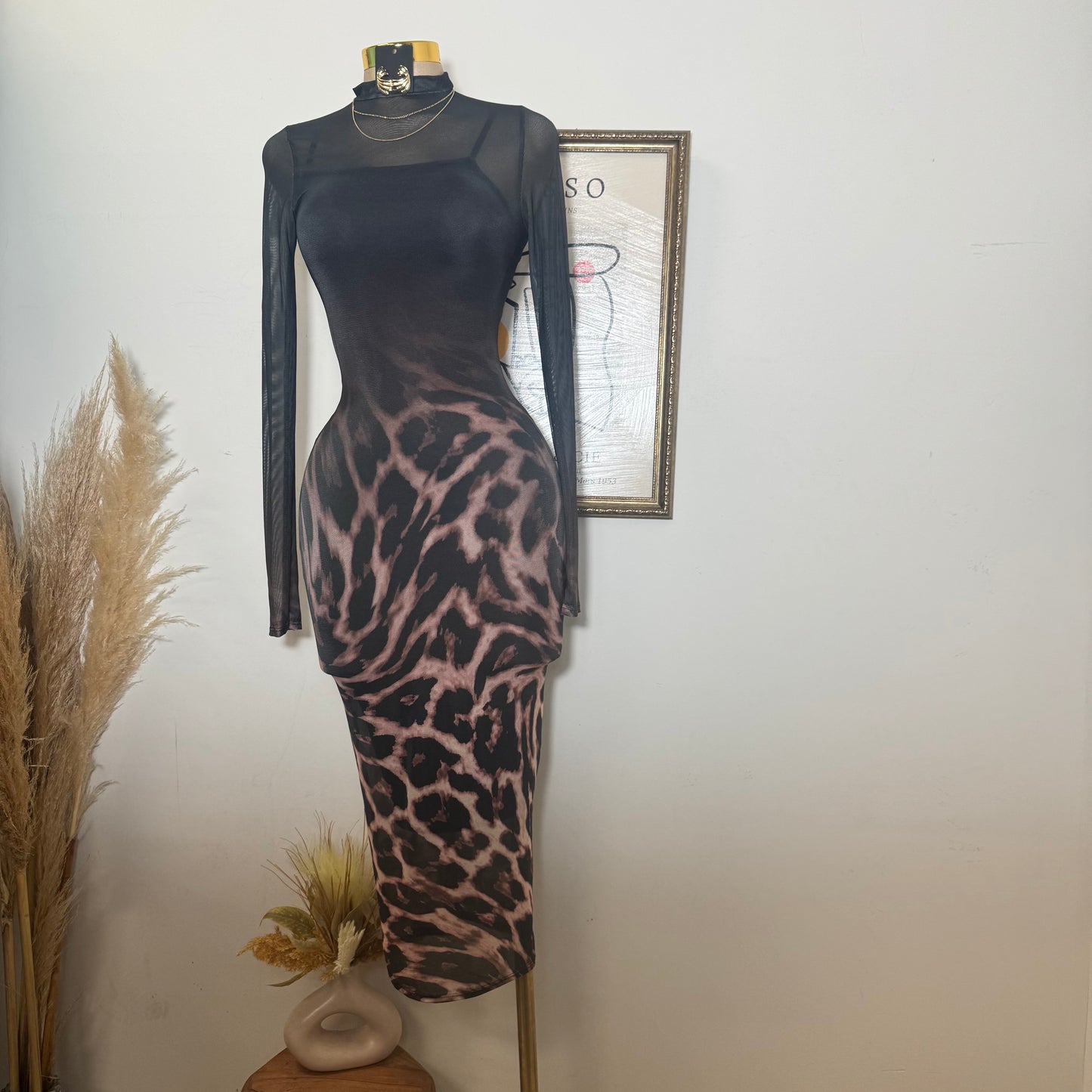 Animal Ombré Midi Mesh Dress-Black/Brown