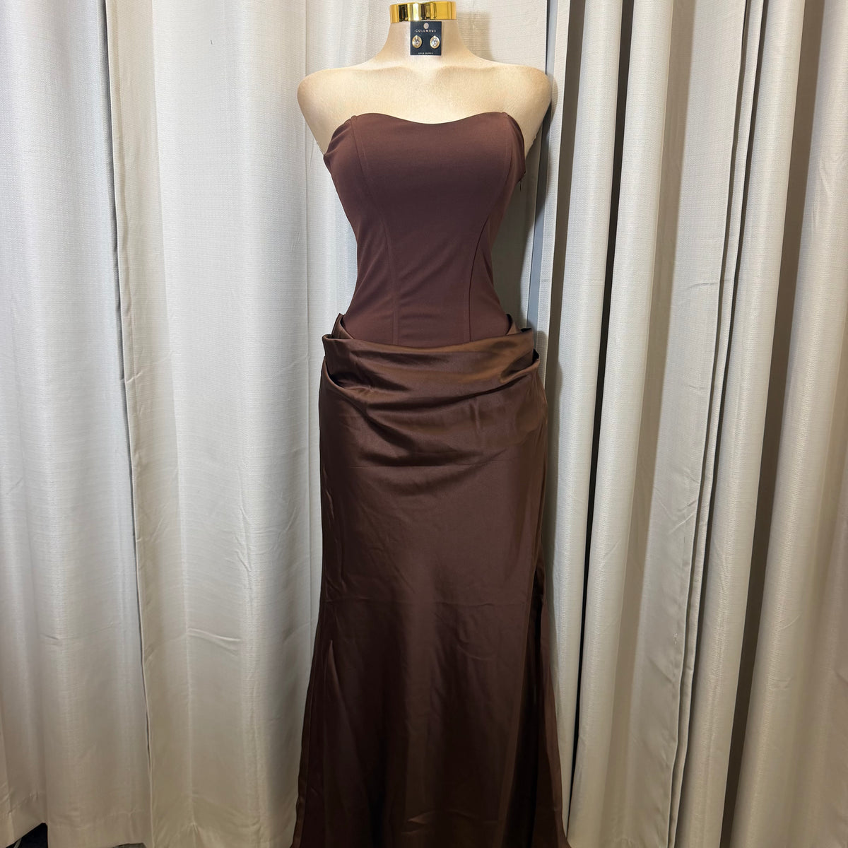 Satin Strapless Sweetheart Neckline Cowl Hip lace Maxi Dress-Brown