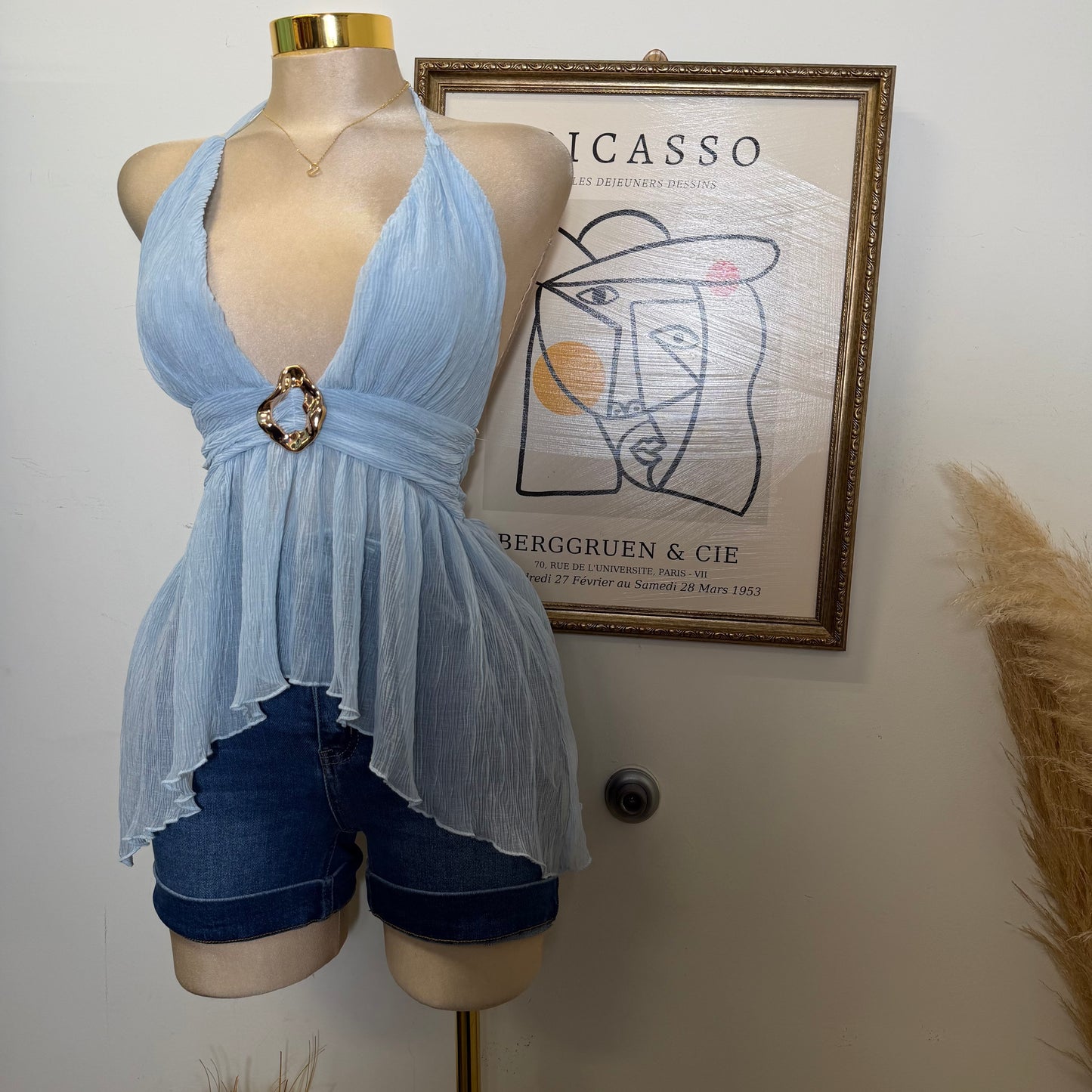 Textured Open back Top With Trim-Blue