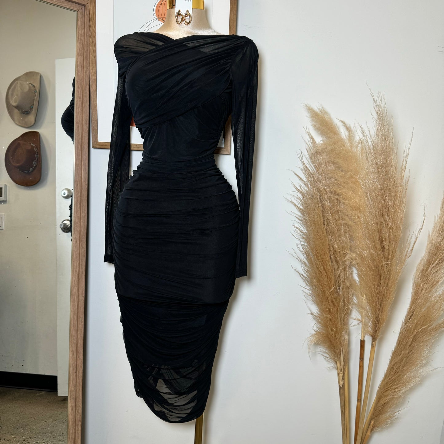 Long Sleeve Mesh Surplus Front Ruched Midi Dress-Black