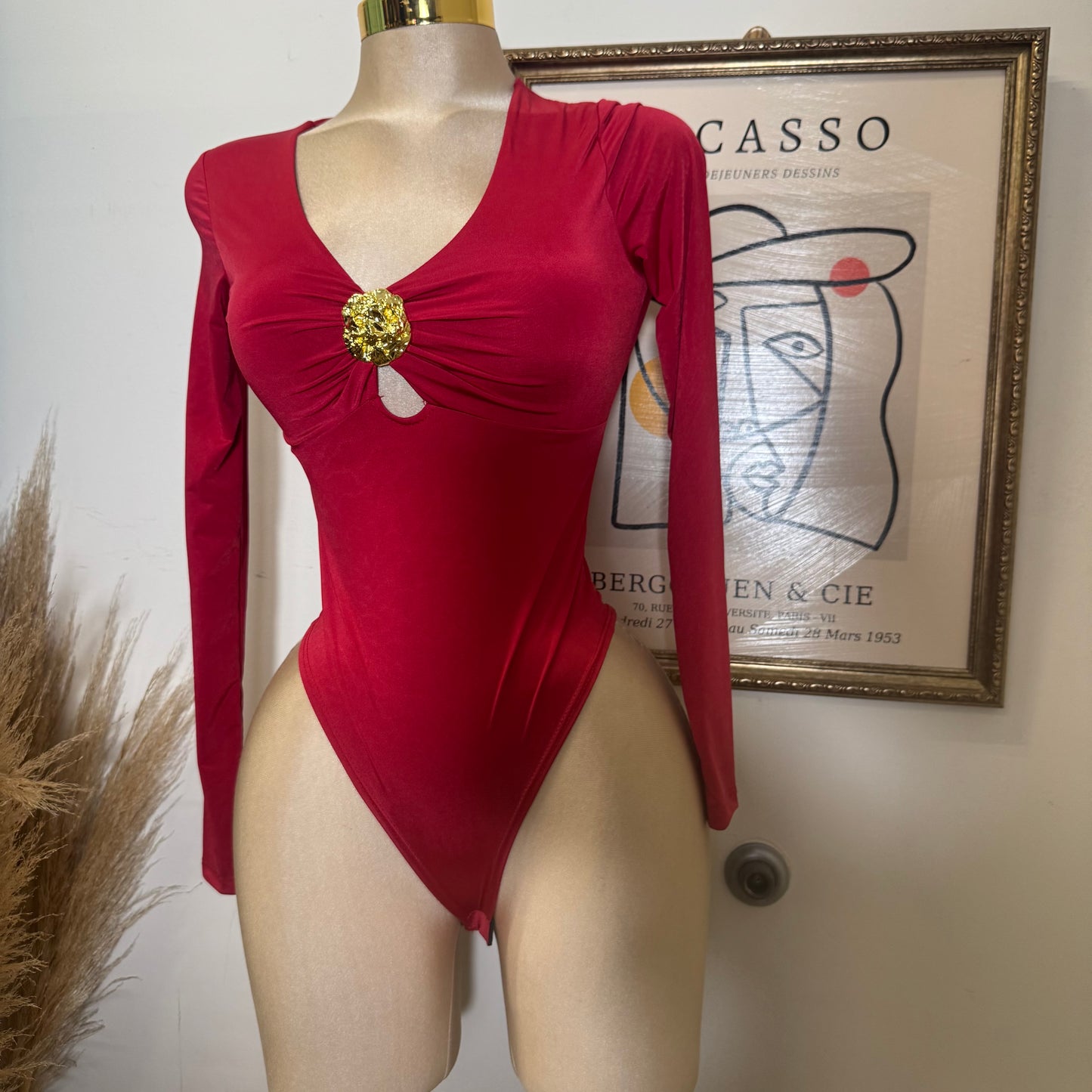 Long Sleeve Bodysuit with Gold Detail-Red