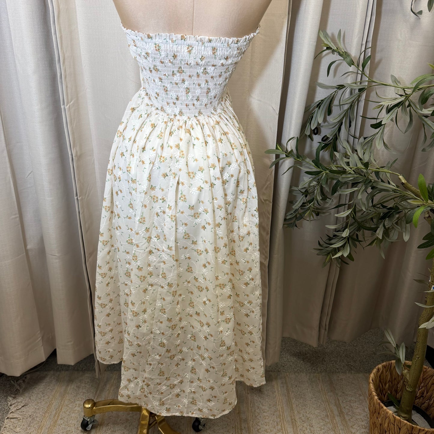 Strapless Floral Midi Dress-White/Yellow