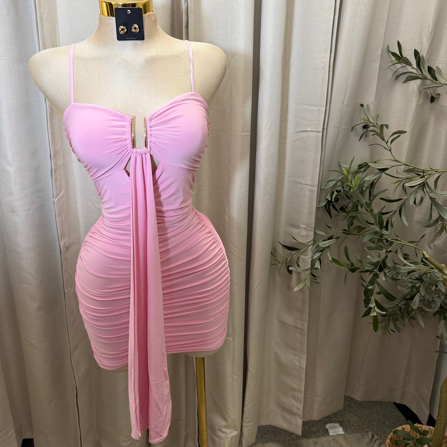 Shirring Sash Mini Dress-Pink