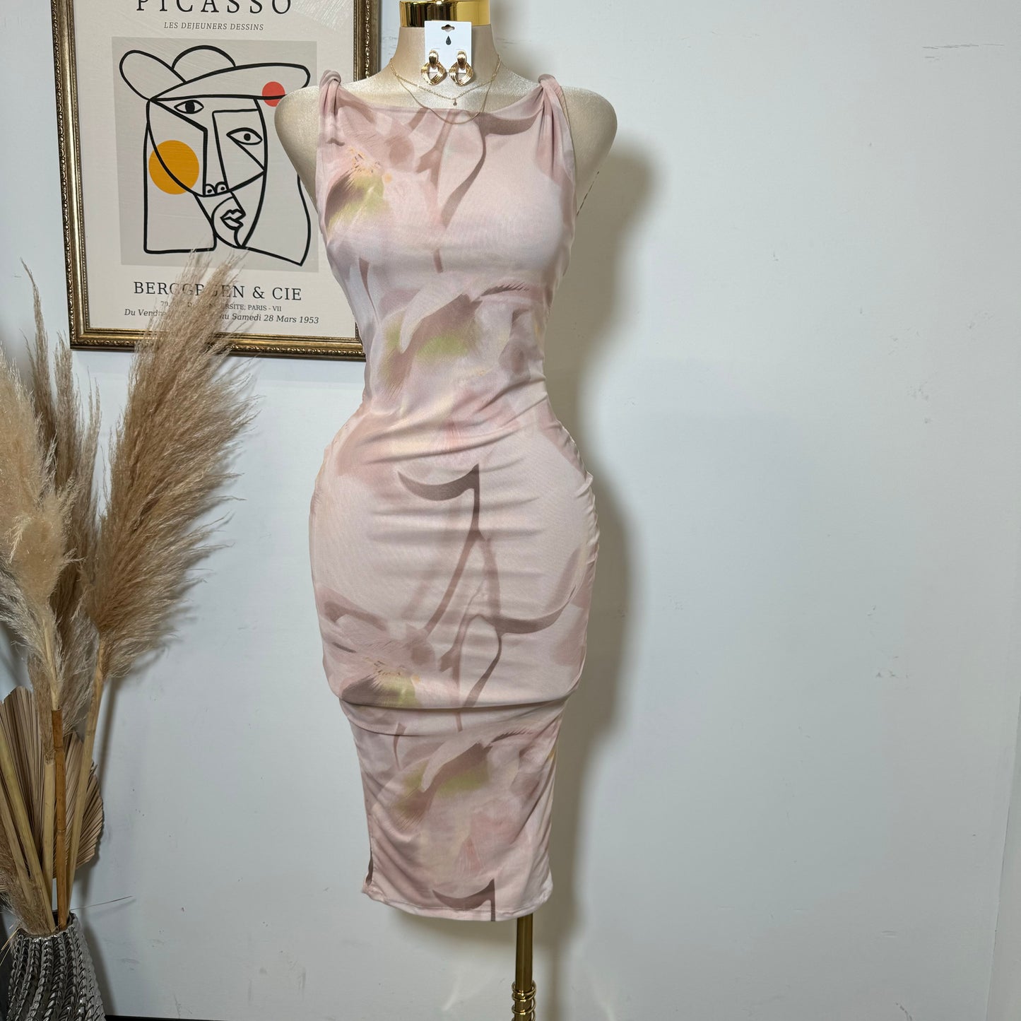 Mesh flower Dress Ruched Details-Pink