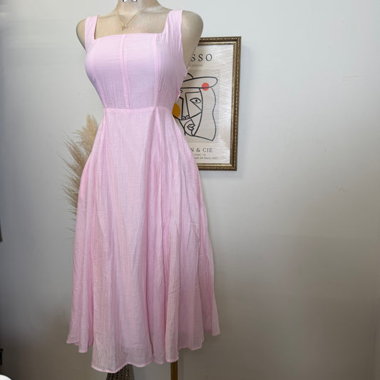 Square Neck Midi Dress-Pink