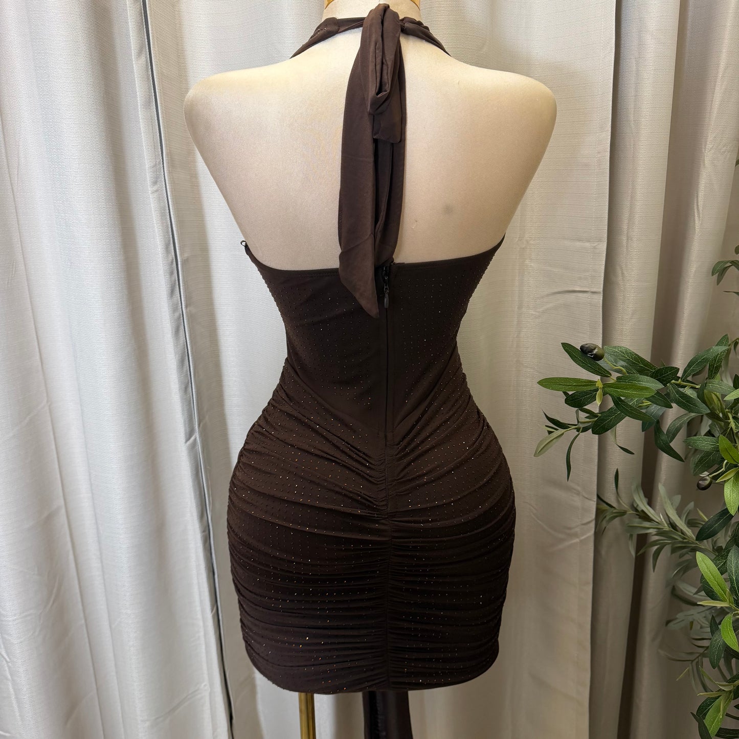 EMBELLISHED MESH COWL NECK MINI DRESS-Brown