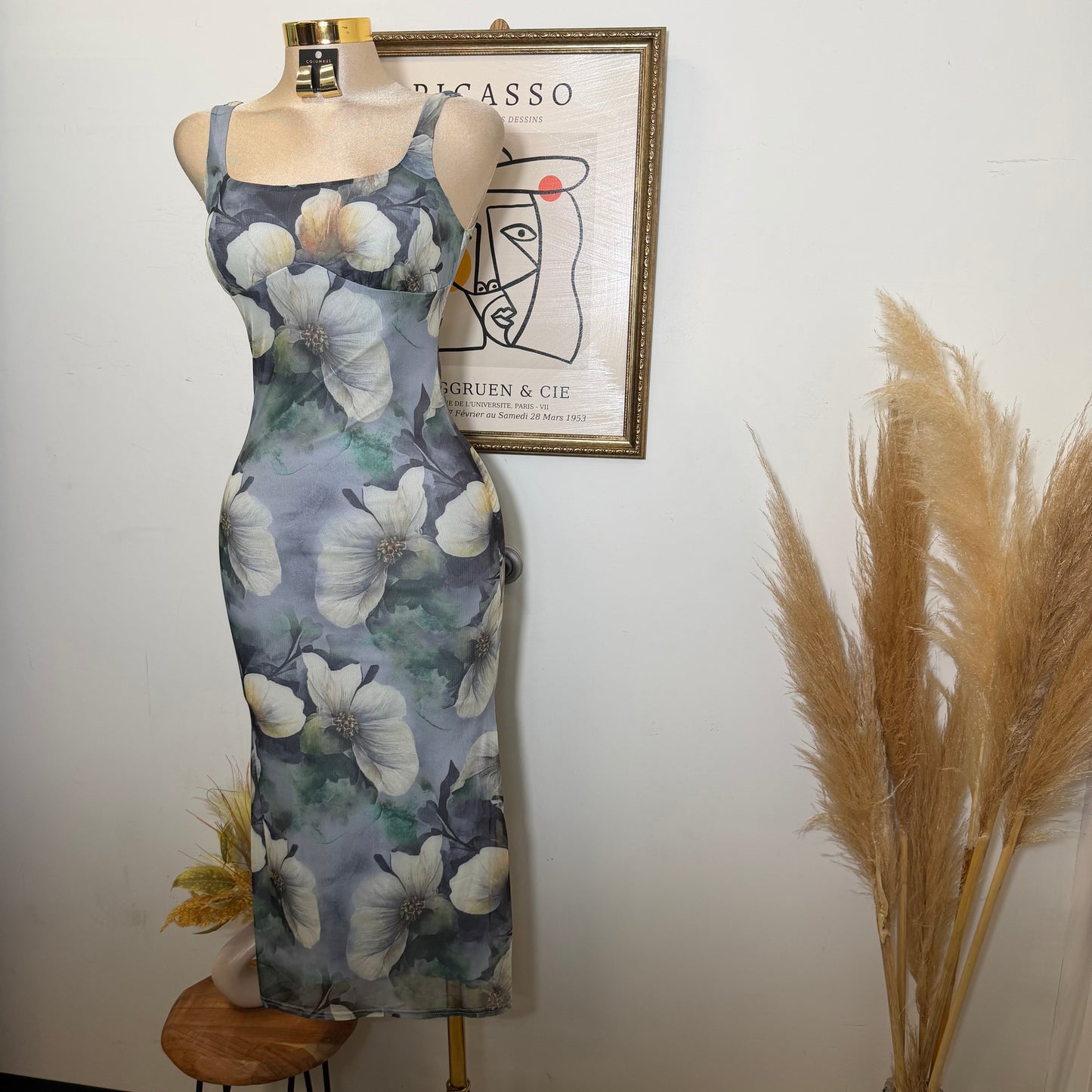 Mesh Print Midi Dress Flower Dress-Green