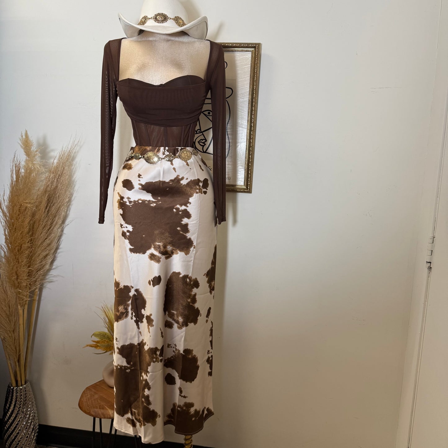 Cow Print Satin Maxi Skirt-brown