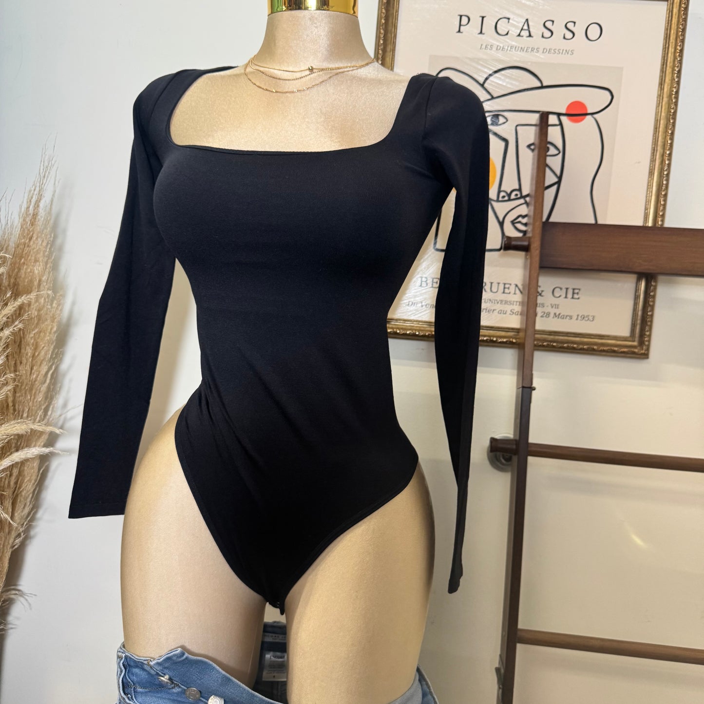 Square Neck Long Sleeveless Bodysuit-Black