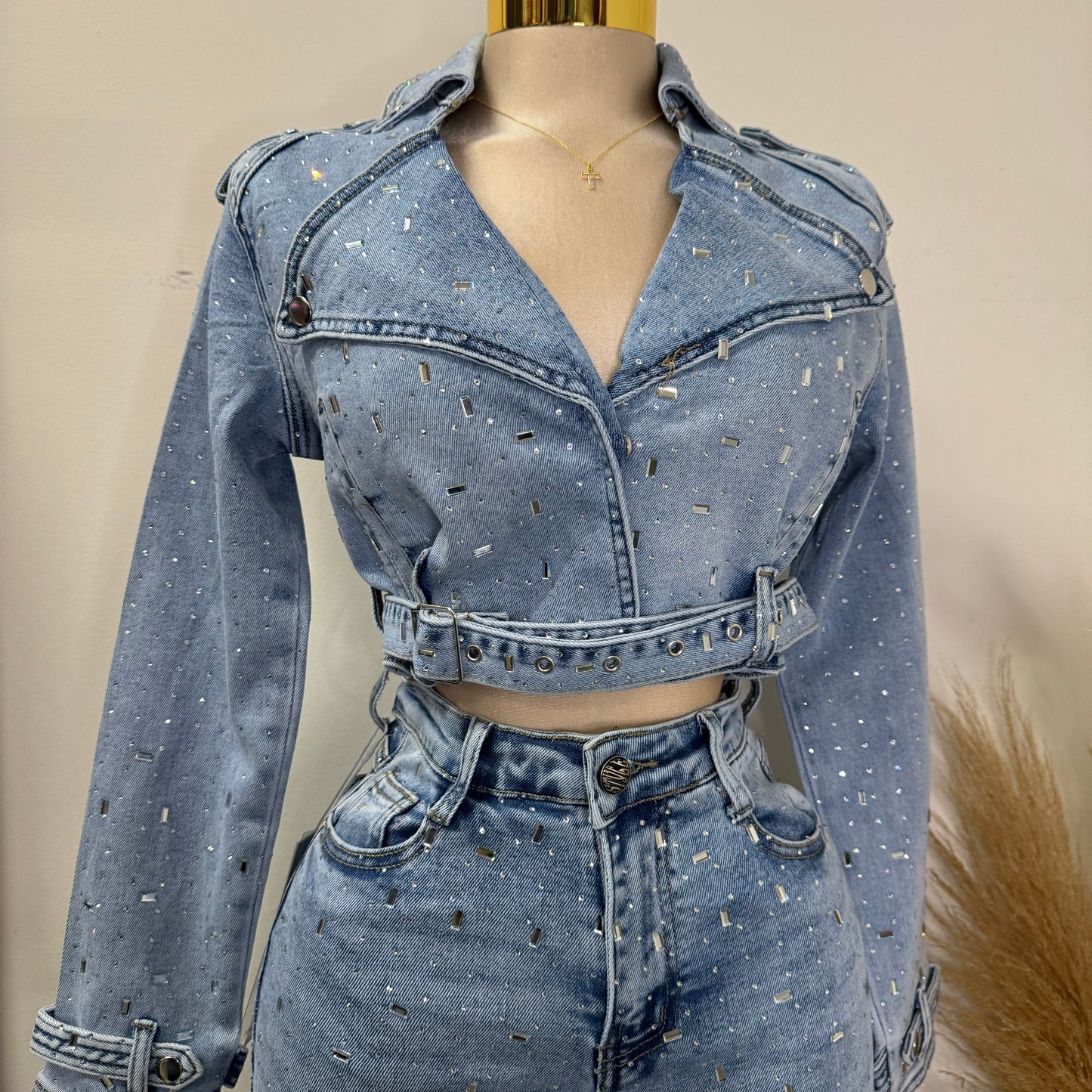 Ximena Rhinestone Denim Jacket-LT Blue