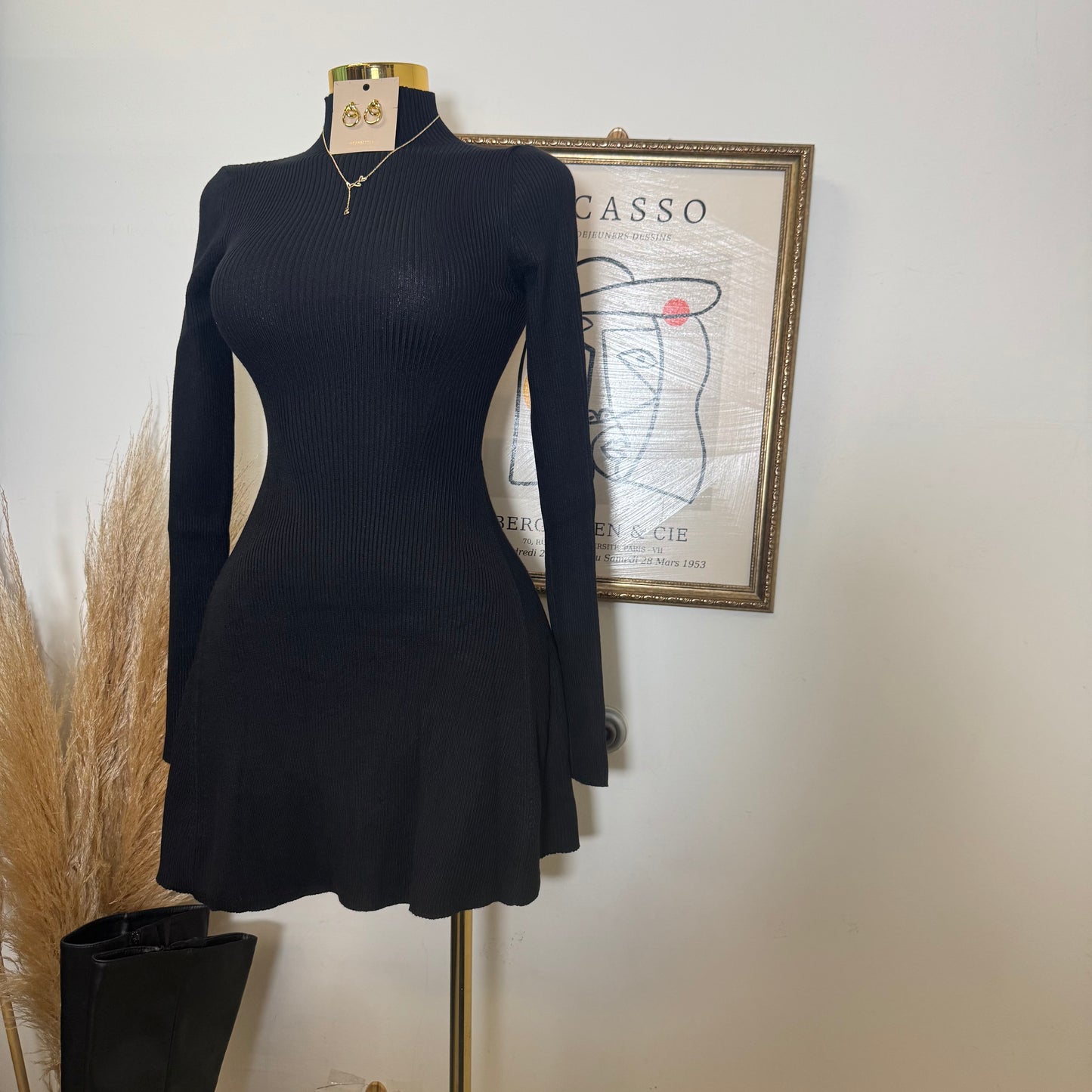 Long Sleeve Sweater Dress-Black
