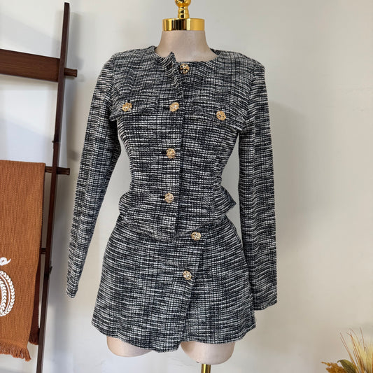 Button Up Tweed Jacket Round Neckline- Black