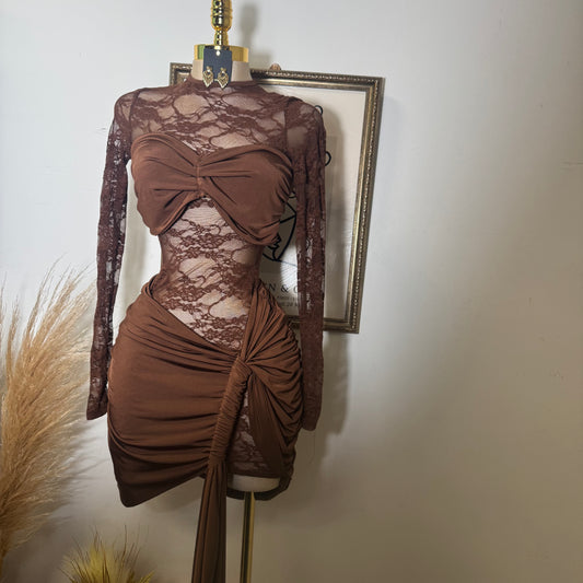 Long sleeve Lace Dress-Brown