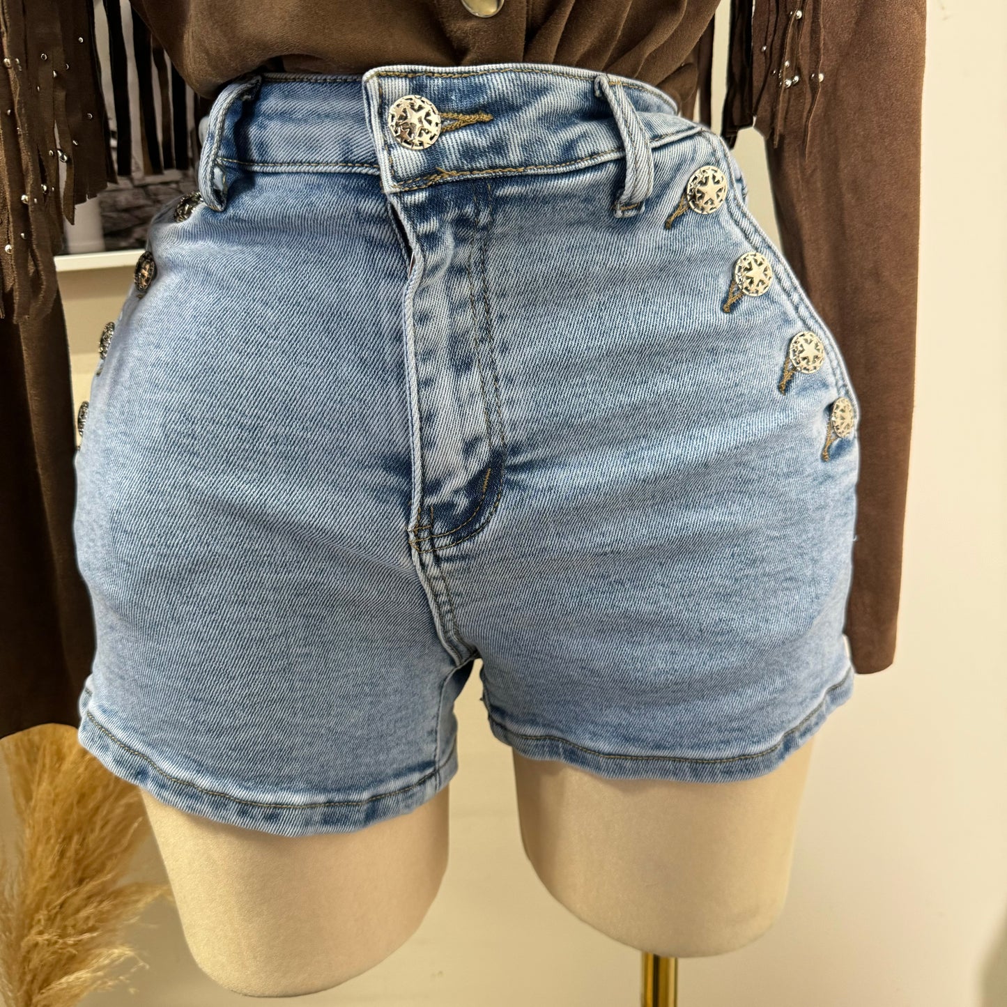 High Waisted Button Shorts-LT blue