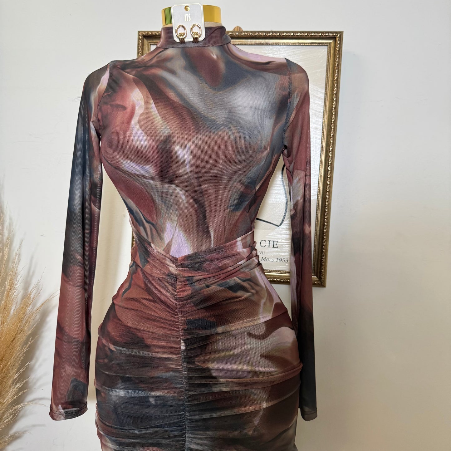 Multi Colored Mock Neck Long Sleeve Maxi Dress-Brown