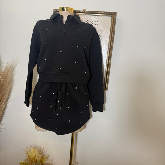 Long Sleeve Embellish scuba Polo Set-black