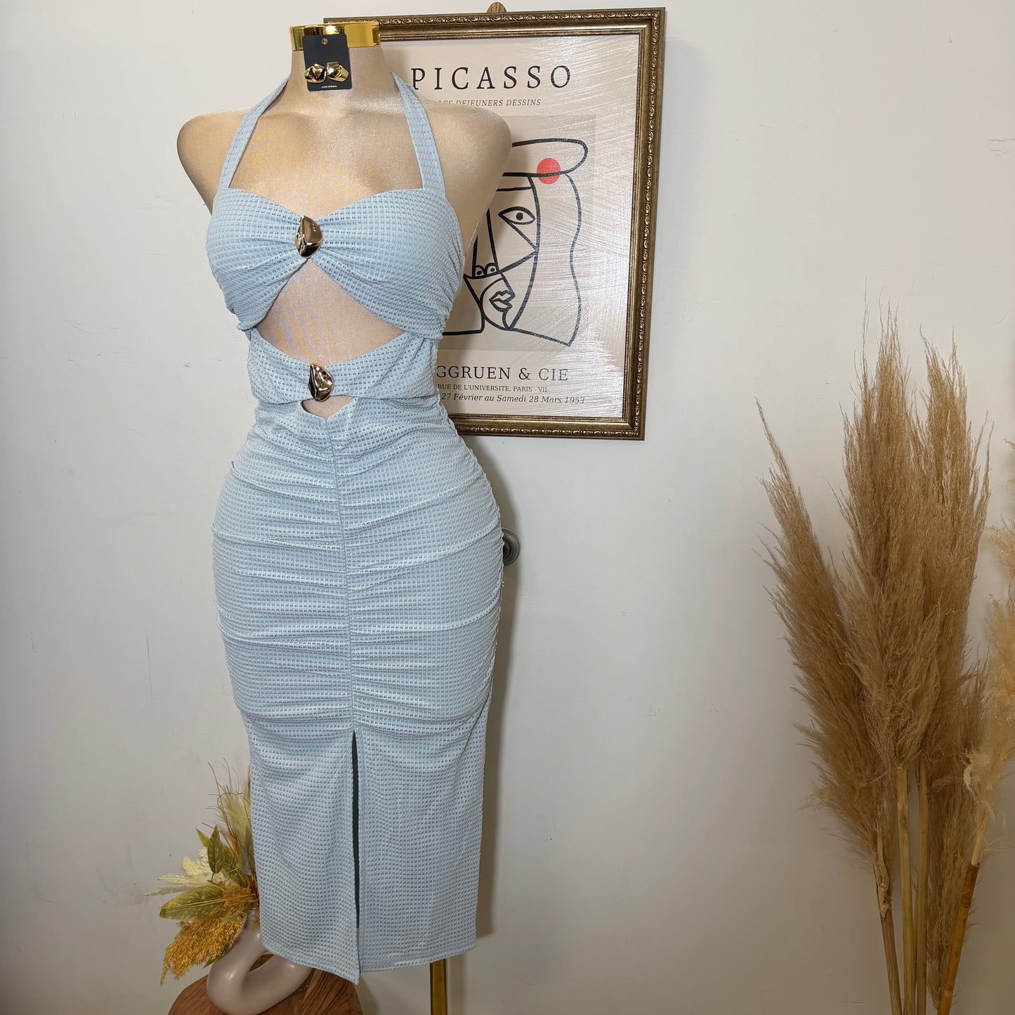 Front metal Trim Shirring with slit Midi Dress-Blue