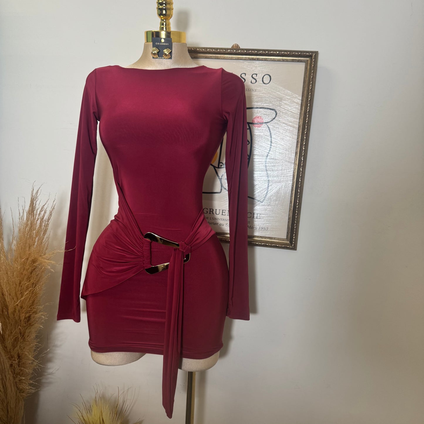 Long sleeve Drape Mini Dress-Burgundy