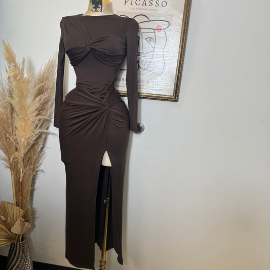 Long sleeve Soft Material Dress-Brown