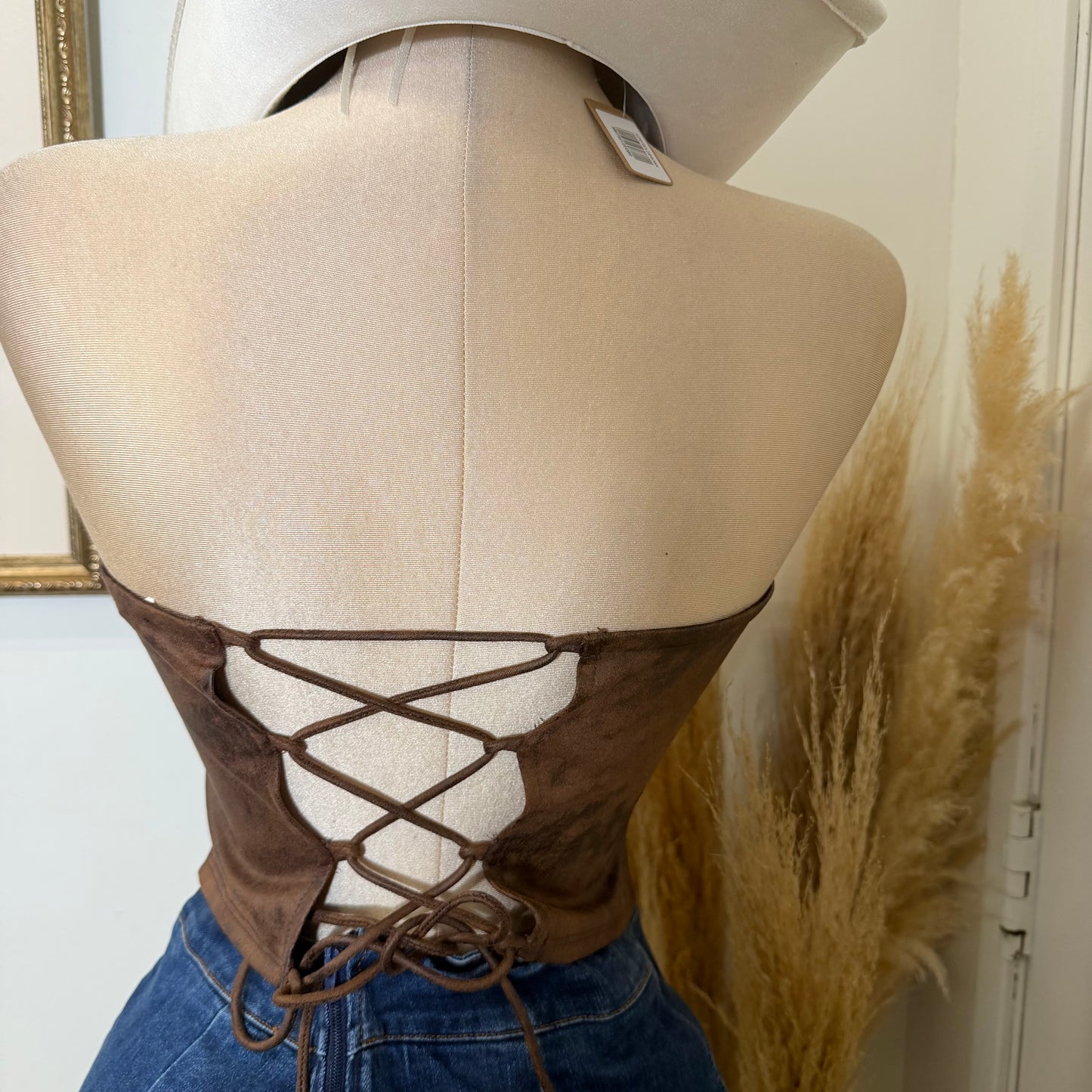 Suede Tube Top Tie Back Detail -Brown
