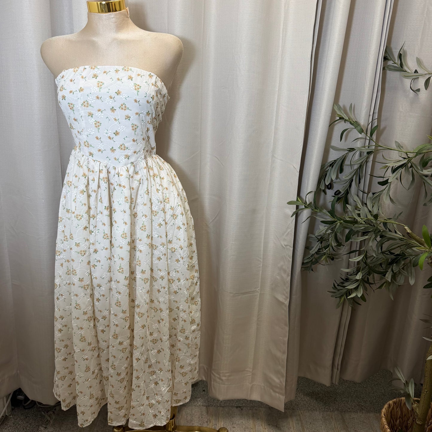 Strapless Floral Midi Dress-White/Yellow