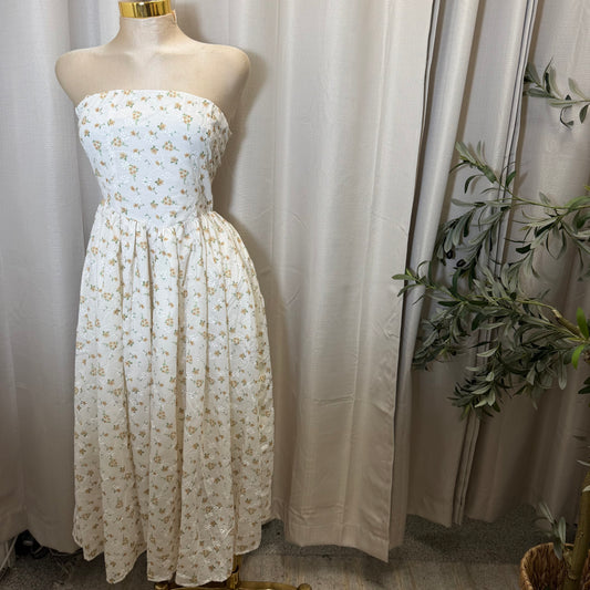 Strapless Floral Midi Dress-White/Yellow