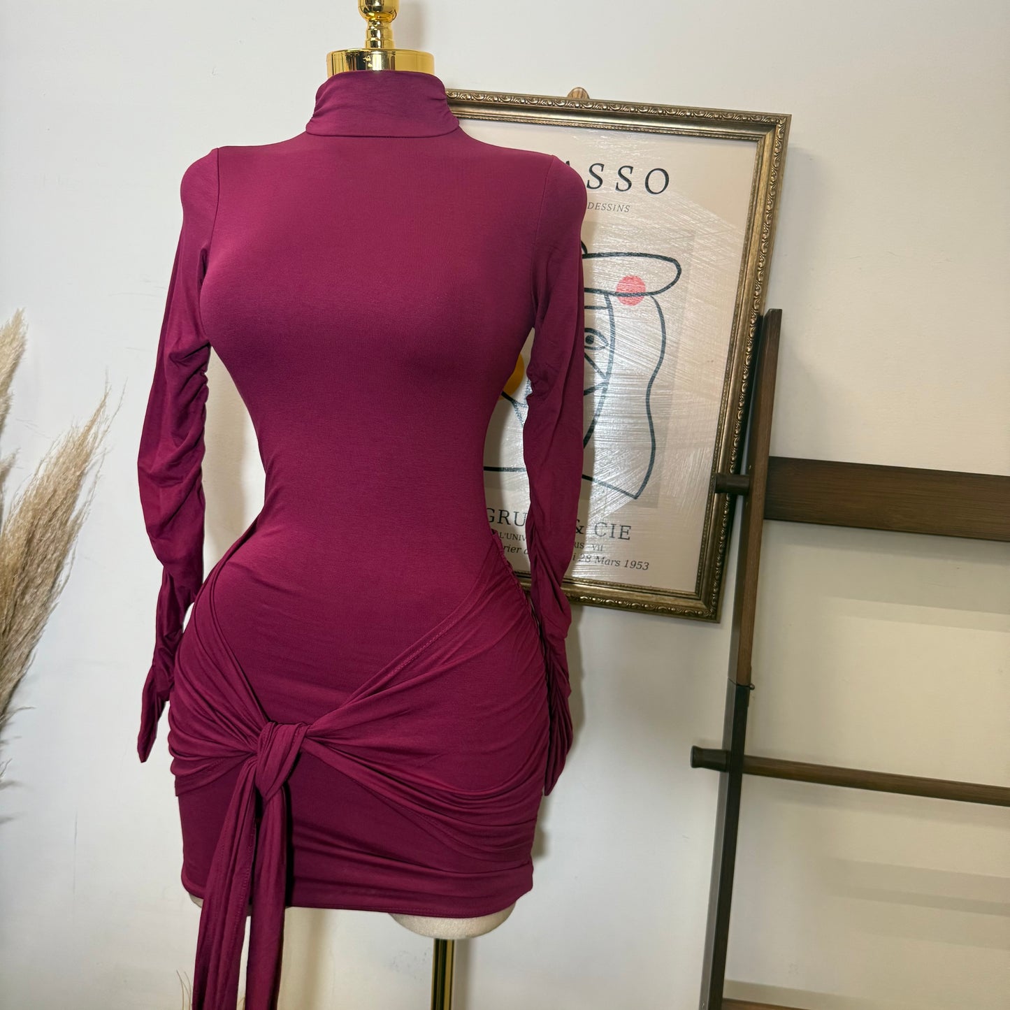 Long Sleeve Front Tie Mini Dress-Burgundy